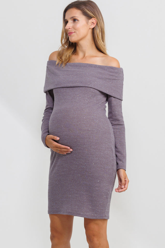 Mauve Off Shoulder Sequin-Glitter Maternity Dress