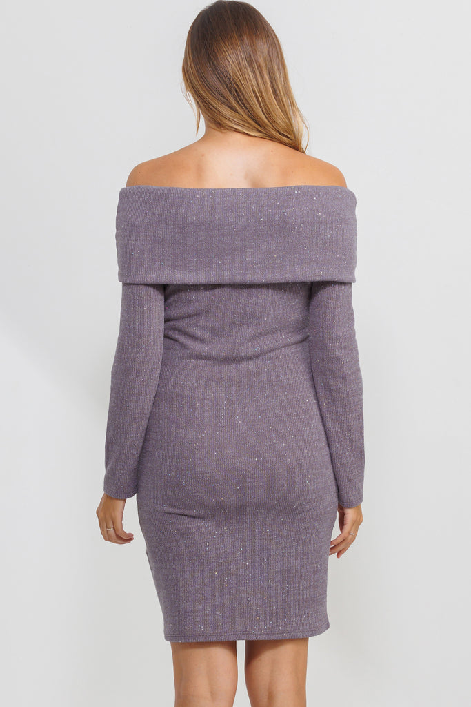 Mauve Off Shoulder Sequin-Glitter Maternity Dress