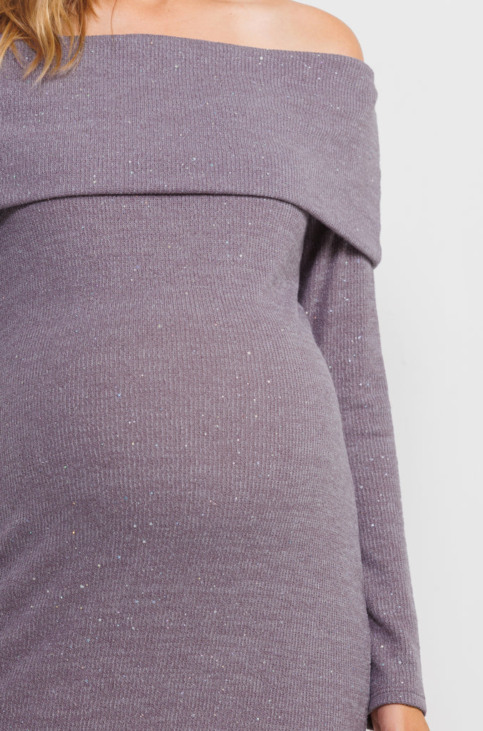 Mauve Off Shoulder Sequin-Glitter Maternity Dress