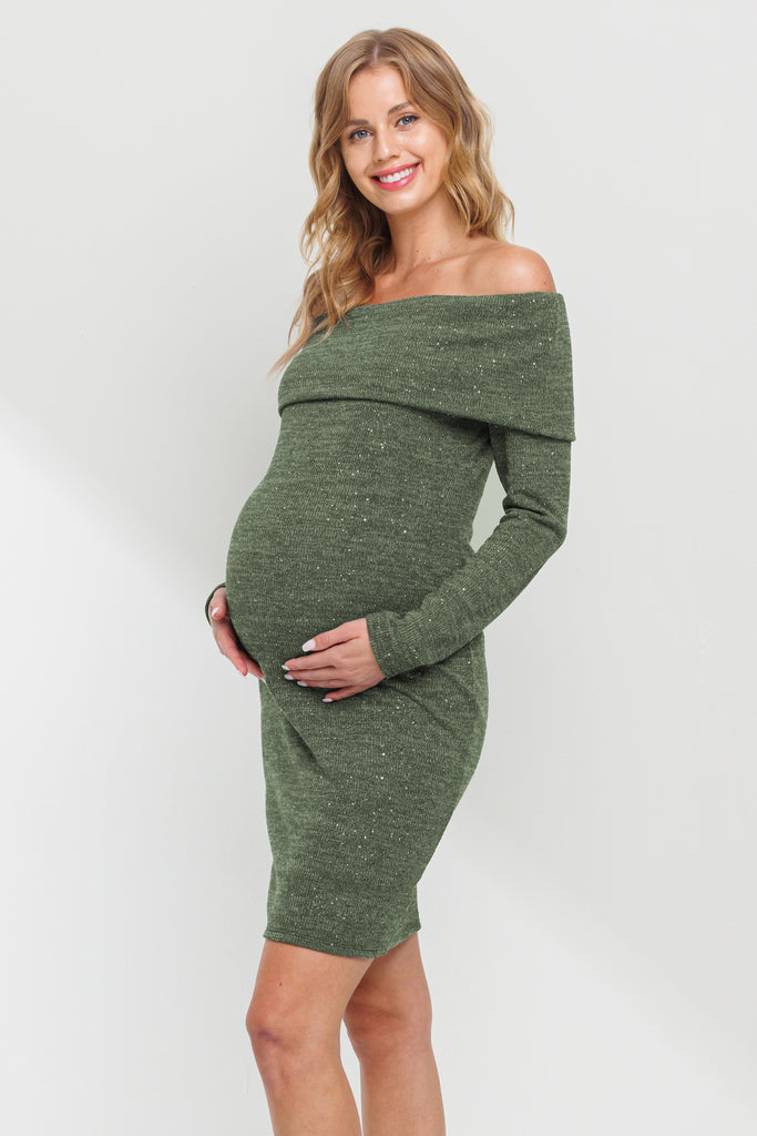 Olive Off Shoulder Sequin-Glitter Maternity Dress