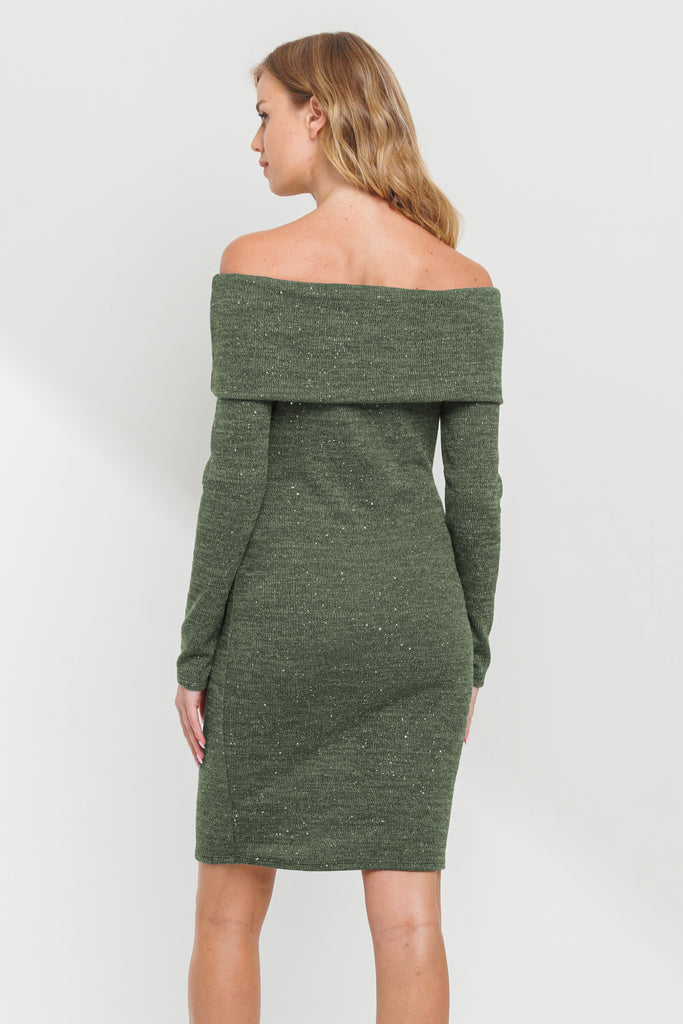 Olive Off Shoulder Sequin-Glitter Maternity Dress