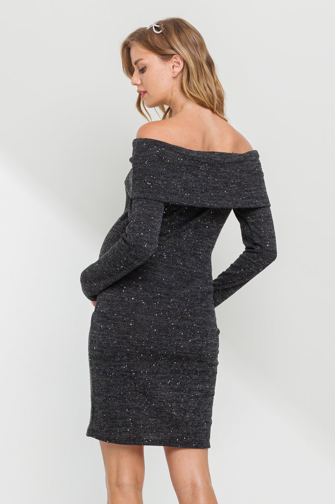 Black Off Shoulder Sequin-Glitter Maternity Dress