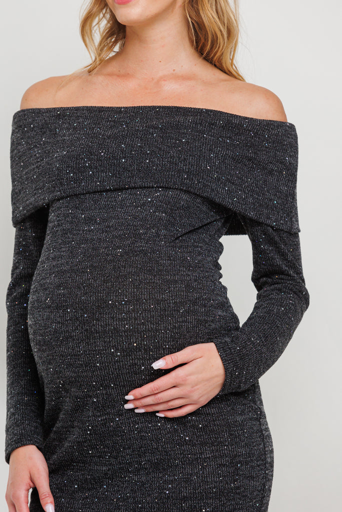 Black Off Shoulder Sequin-Glitter Maternity Dress