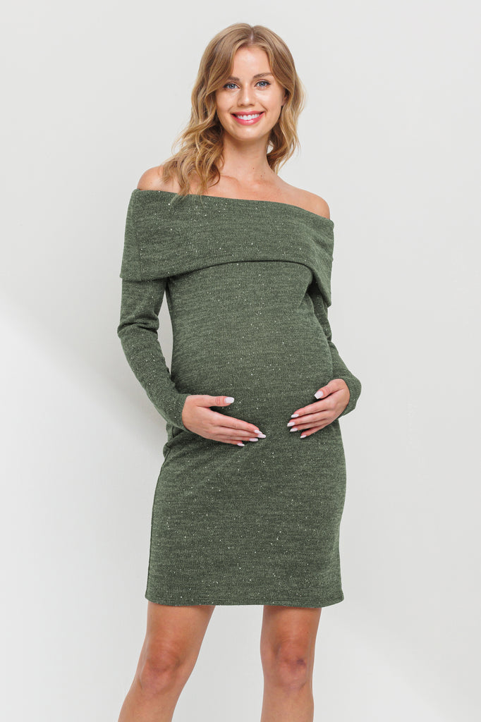 Olive Off Shoulder Sequin-Glitter Maternity Dress