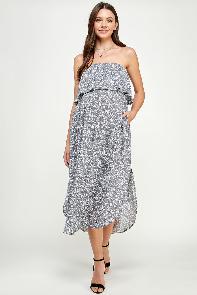 Grey Strapless Ruffled Side Slit Maternity Dress