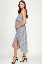 Grey Strapless Ruffled Side Slit Maternity Dress