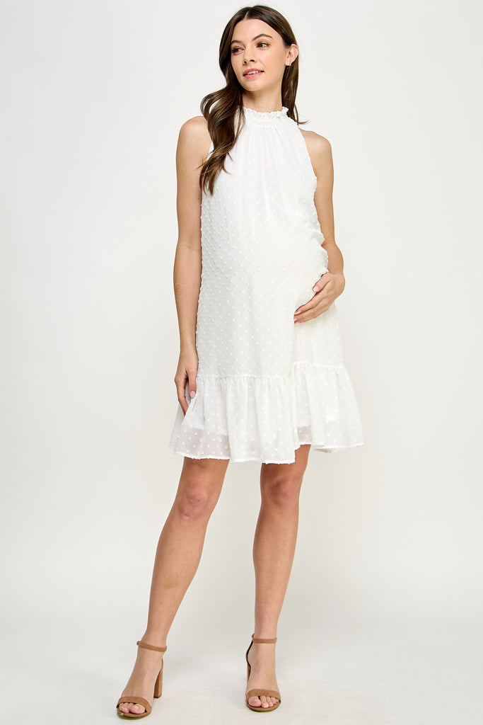 Off White Sleeveless Smocked Neck Loose Fit Mini Maternity Dress