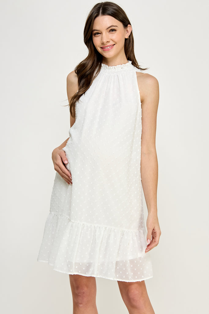 Off White Sleeveless Smocked Neck Loose Fit Mini Maternity Dress