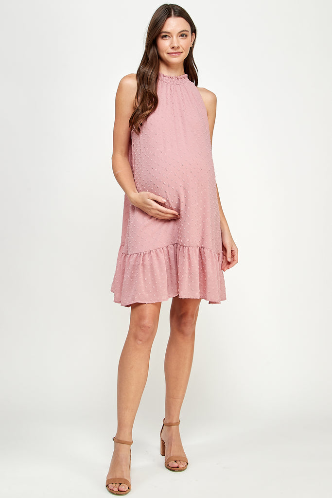 Mauve Sleeveless Smocked Neck Loose Fit Mini Maternity Dress