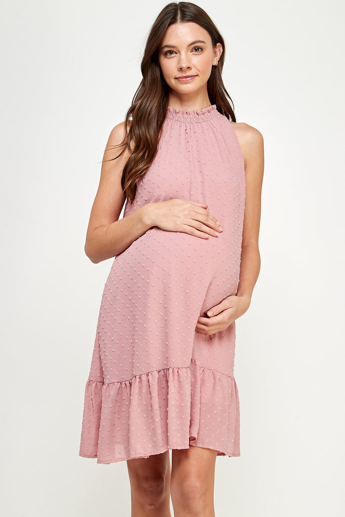 Mauve Sleeveless Smocked Neck Loose Fit Mini Maternity Dress