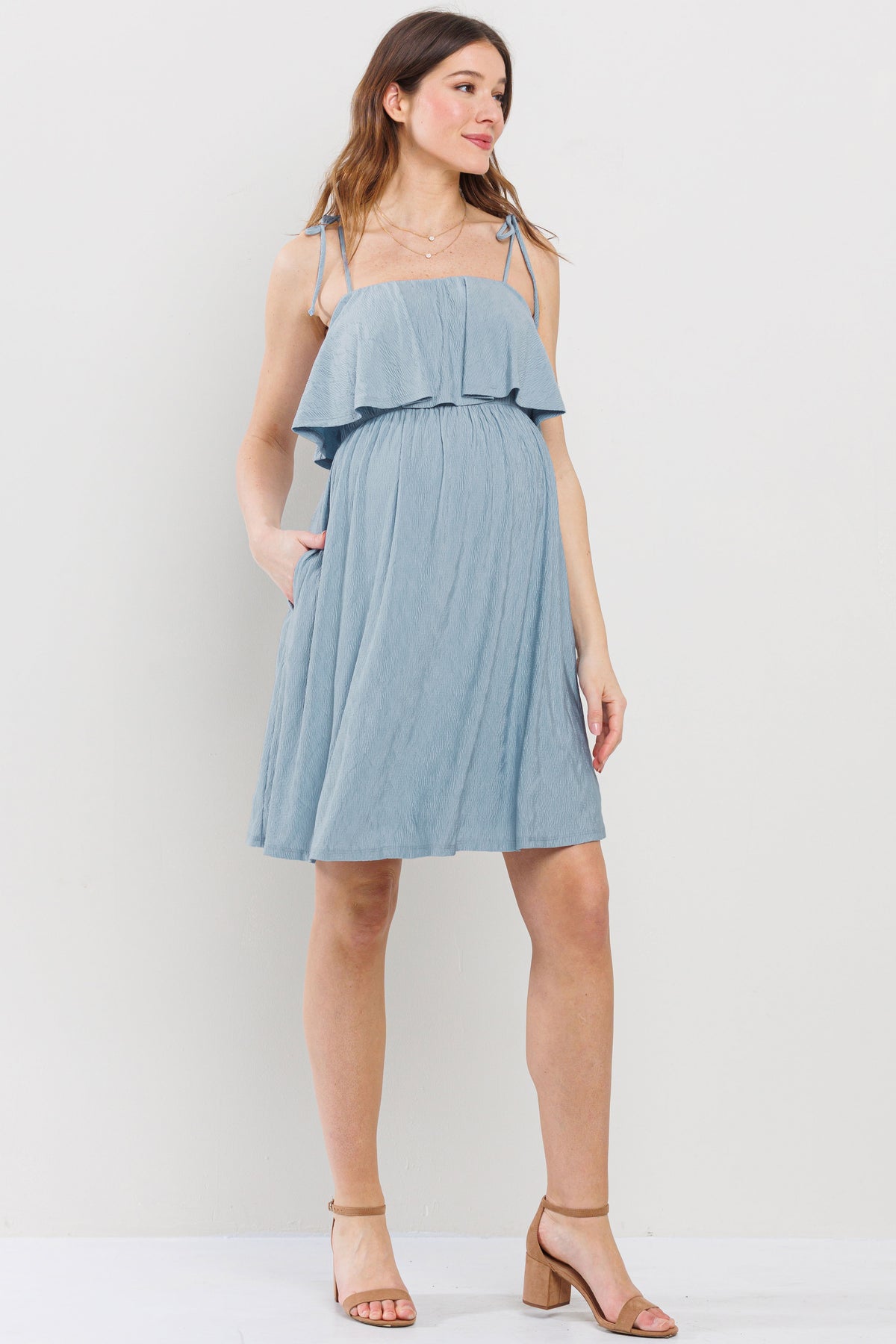 Denim Double Layer Ruffle Adjustable Strap Maternity Mini Dress