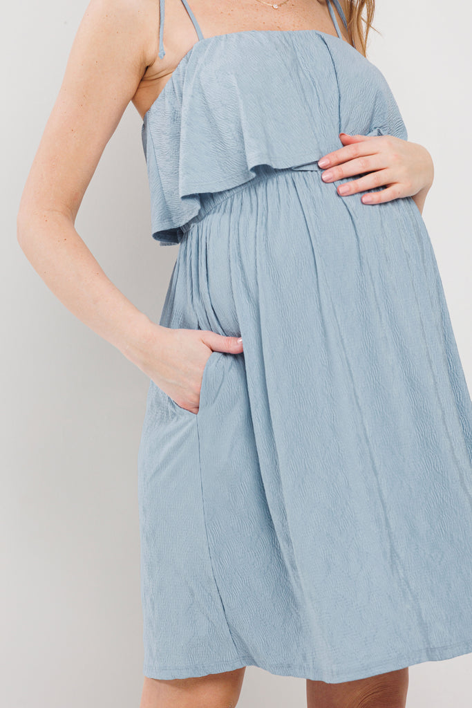 Denim Double Layer Ruffle Adjustable Strap Maternity Mini Dress