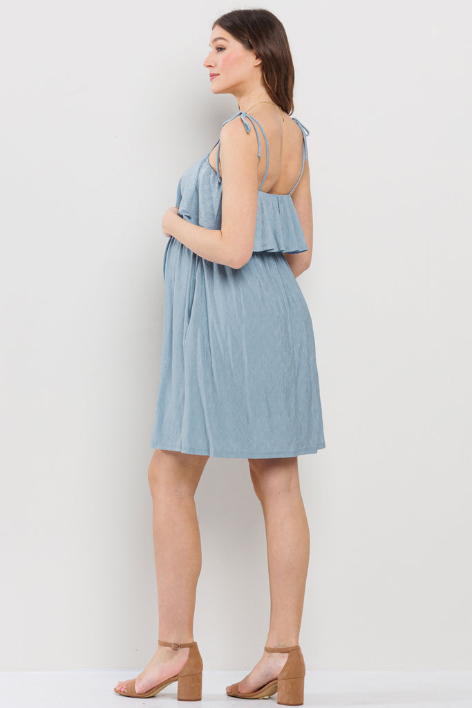 Denim Double Layer Ruffle Adjustable Strap Maternity Mini Dress