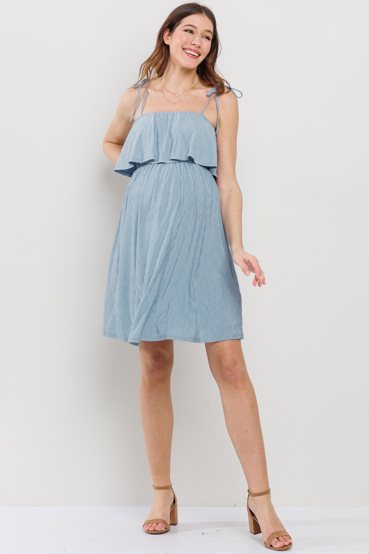 Denim Double Layer Ruffle Adjustable Strap Maternity Mini Dress