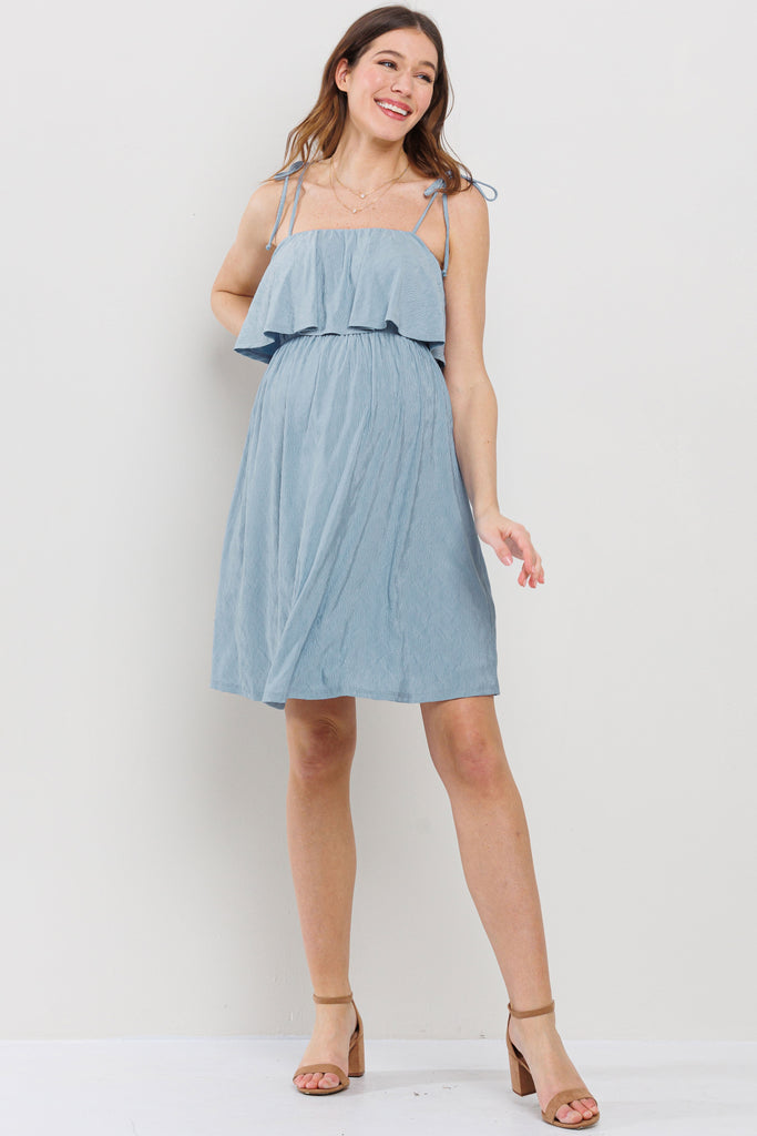 Denim Double Layer Ruffle Adjustable Strap Maternity Mini Dress
