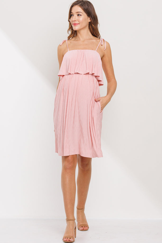 Peach Double Layer Ruffle Adjustable Strap Maternity Mini Dress