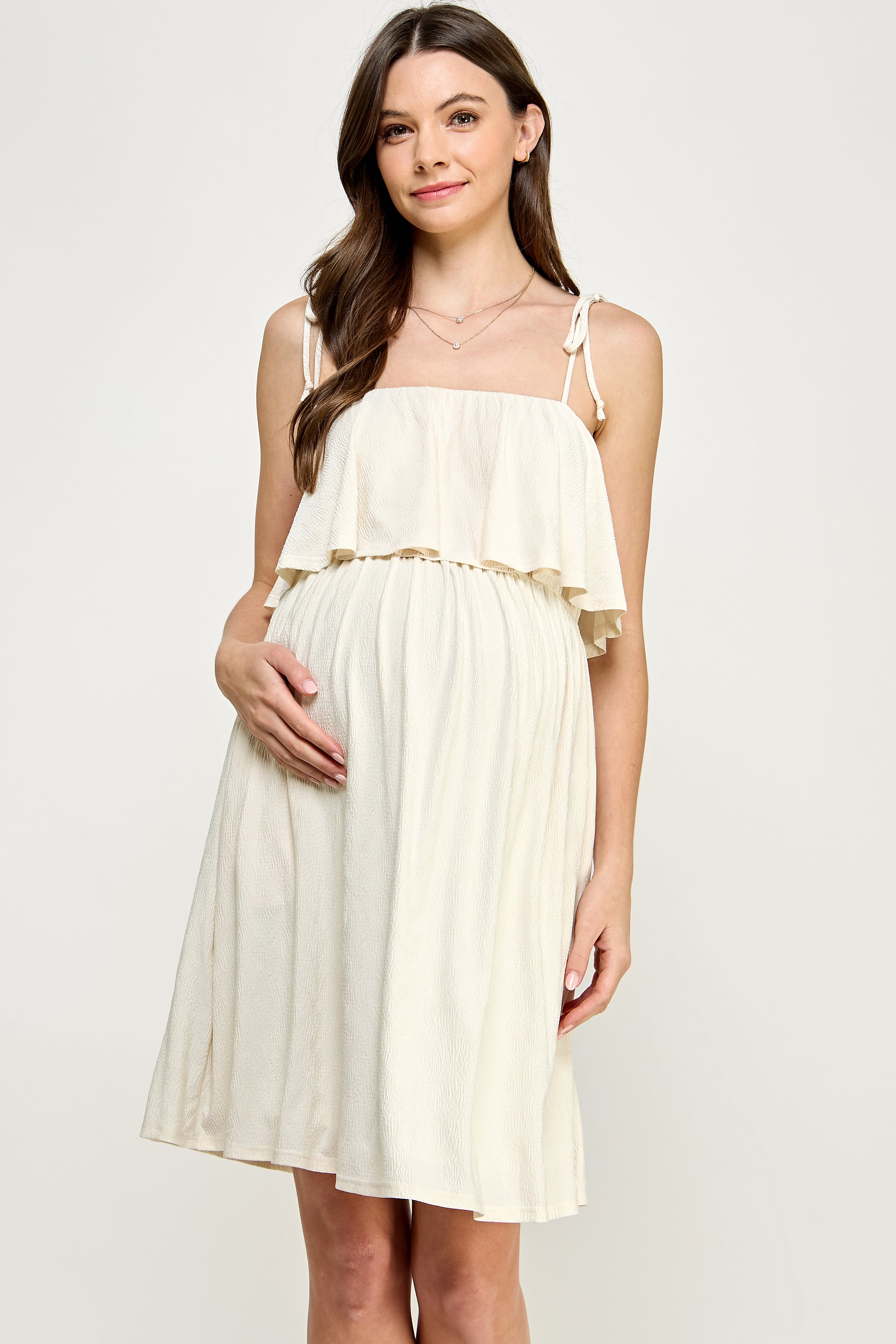 Double Layer Ruffle Adjustable Strap Maternity Mini Dress IVORY / LARGE Double Layer Ruffle Adjustable Strap Maternity Mini Dress IVORY / LARGE