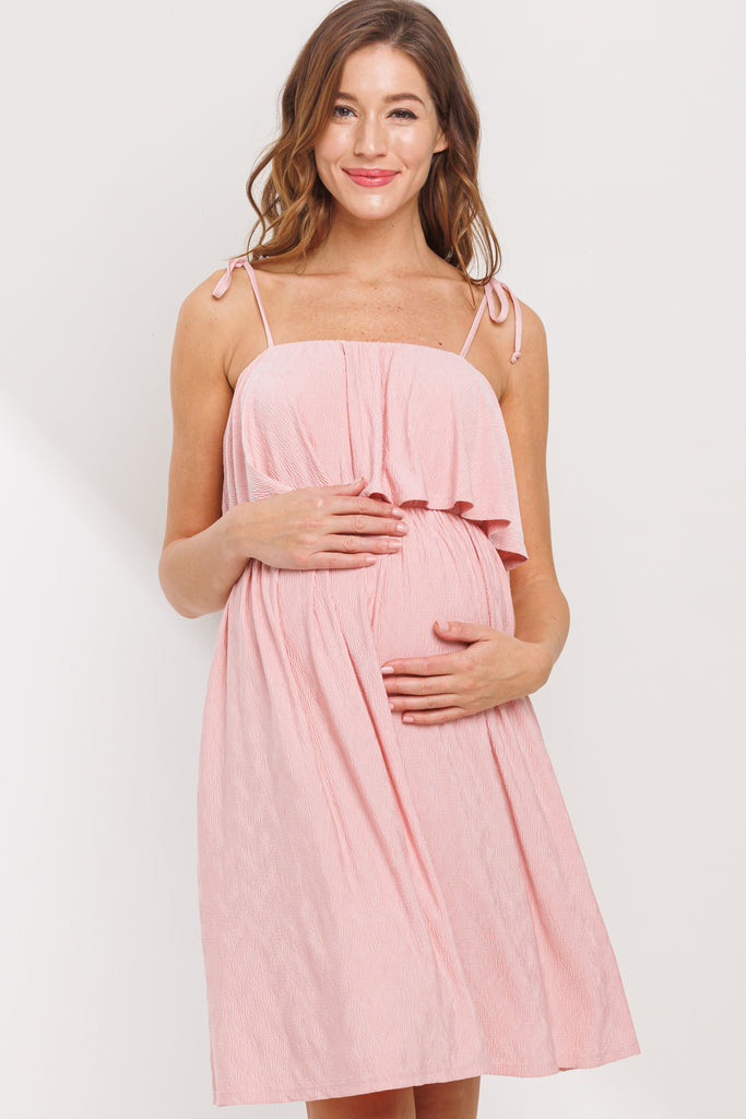 Peach Double Layer Ruffle Adjustable Strap Maternity Mini Dress