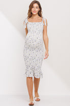 Cream Smocked Tie-Sleeve Mermaid Hem Midi Maternity Dress