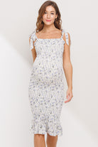 Cream Smocked Tie-Sleeve Mermaid Hem Midi Maternity Dress