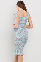 Light Blue Smocked Tie-Sleeve Mermaid Hem Midi Maternity Dress