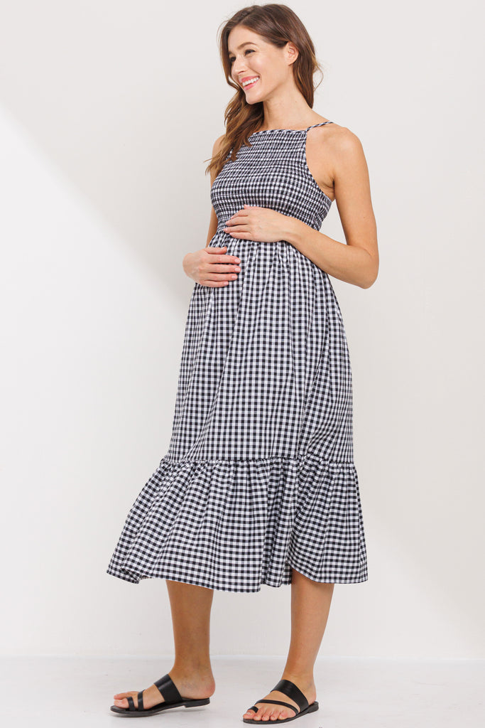 Black Plaid Smocking Top Maxi Maternity Dress