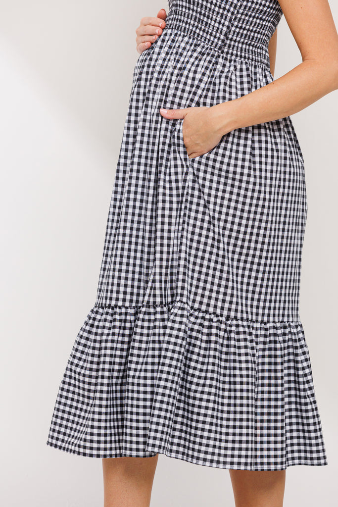 Black Plaid Smocking Top Maxi Maternity Dress