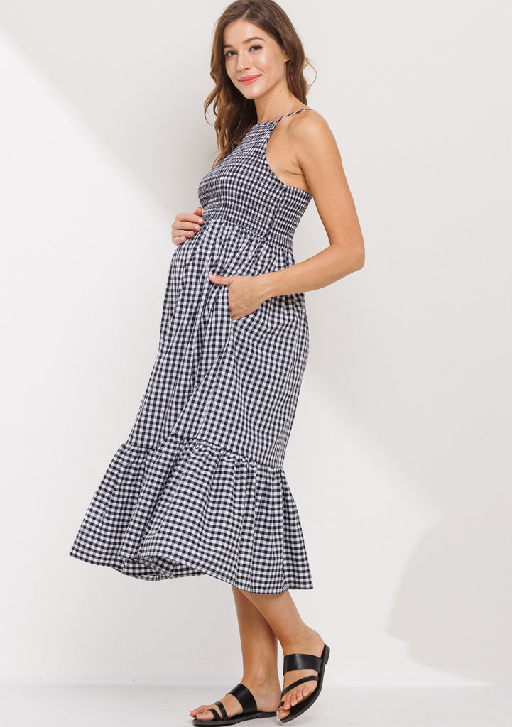 Black Plaid Smocking Top Maxi Maternity Dress