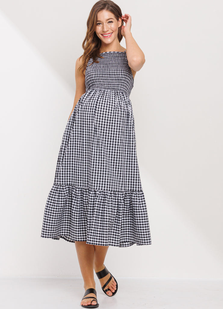 Black Plaid Smocking Top Maxi Maternity Dress