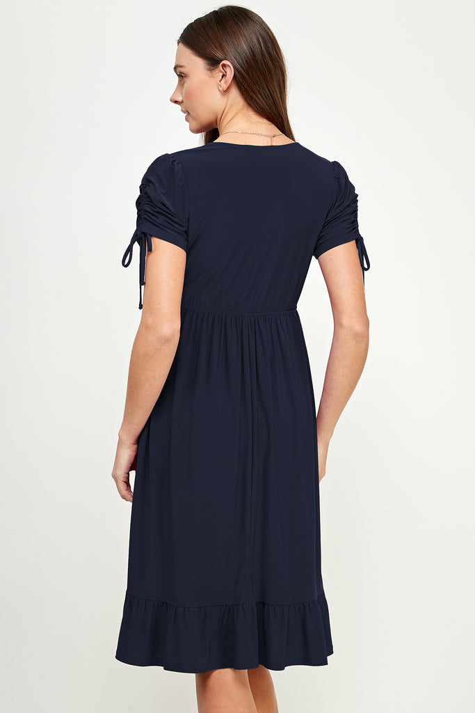 Navy Adjustable Sleeve V-Neck Maternity Dress