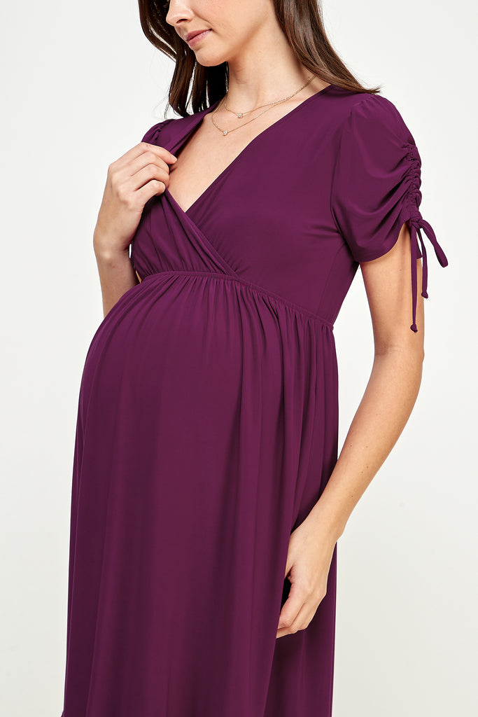 Magenta Adjustable Sleeve V-Neck Maternity Dress