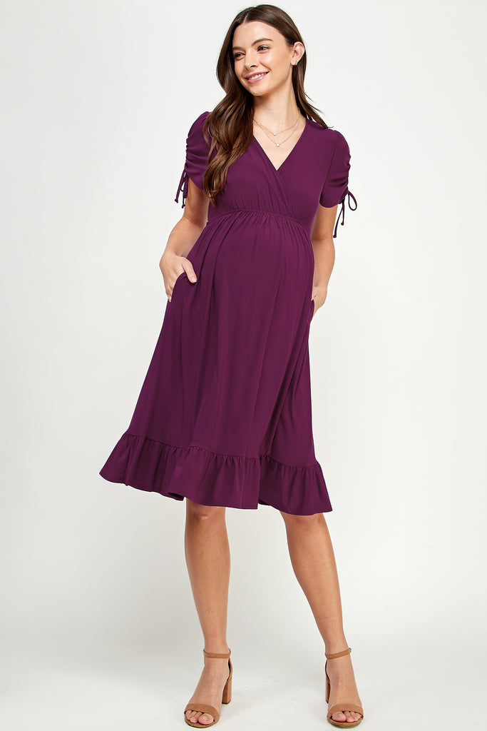 Magenta Adjustable Sleeve V-Neck Maternity Dress