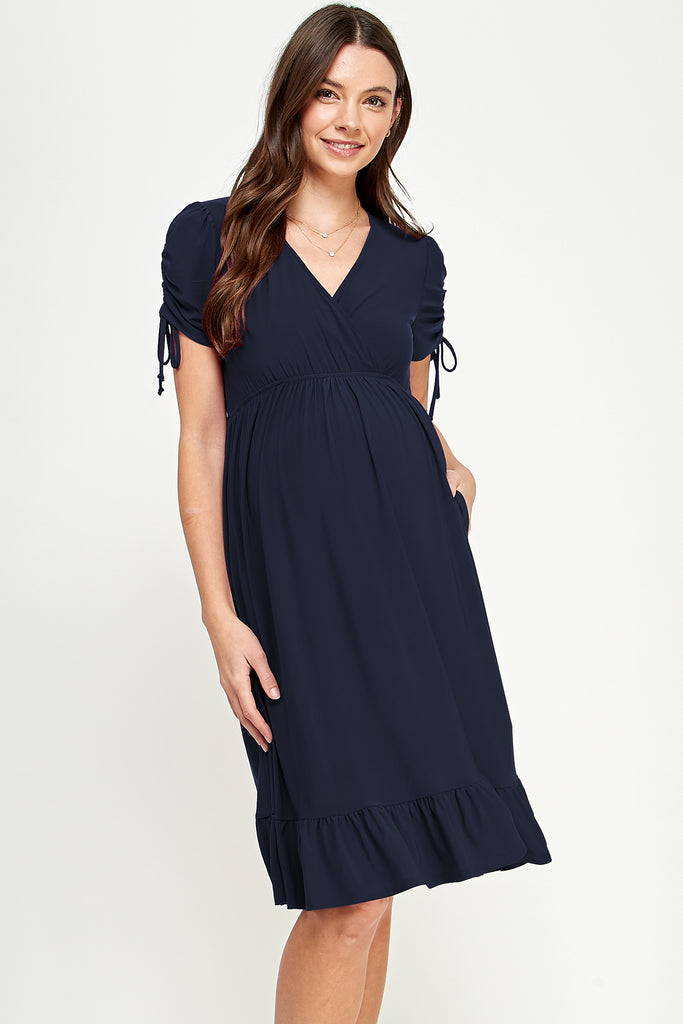 Navy Adjustable Sleeve V-Neck Maternity Dress