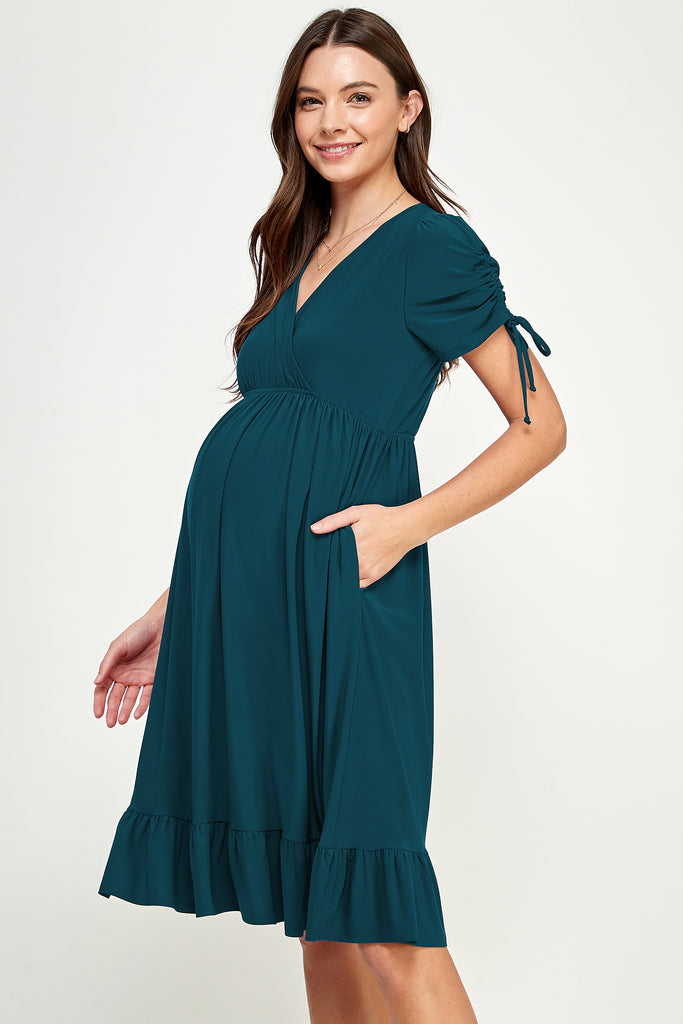 Teal Adjustable Sleeve V-Neck Maternity Dress Side