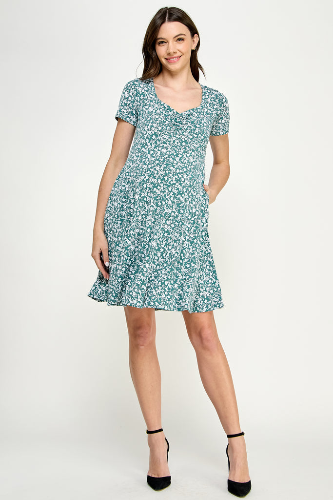 Sage Short Sleeve Sweetheart Neckline Mini Maternity Dress