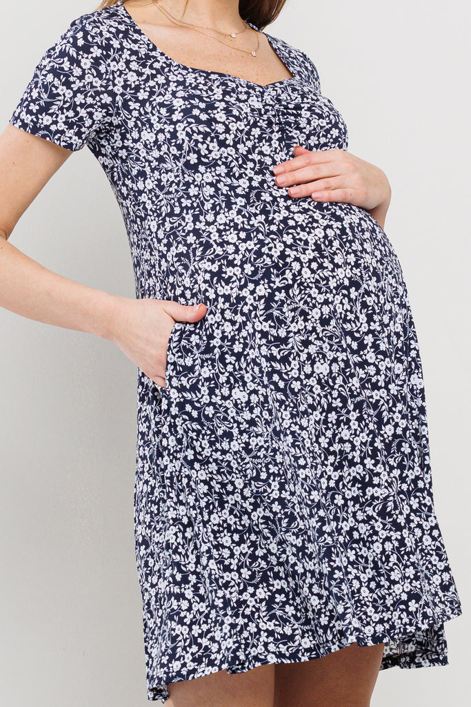 Navy Short Sleeve Sweetheart Neckline Mini Maternity Dress