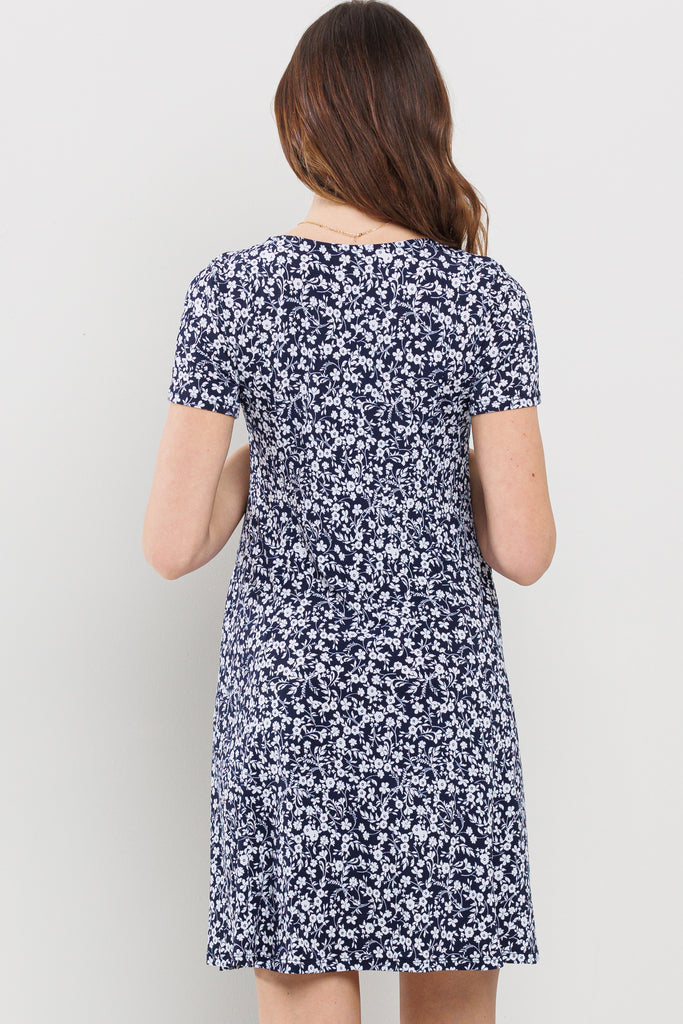 Navy Short Sleeve Sweetheart Neckline Mini Maternity Dress