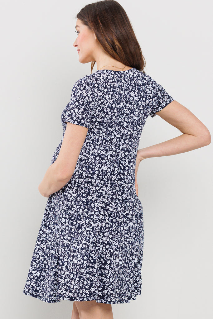 Navy Short Sleeve Sweetheart Neckline Mini Maternity Dress