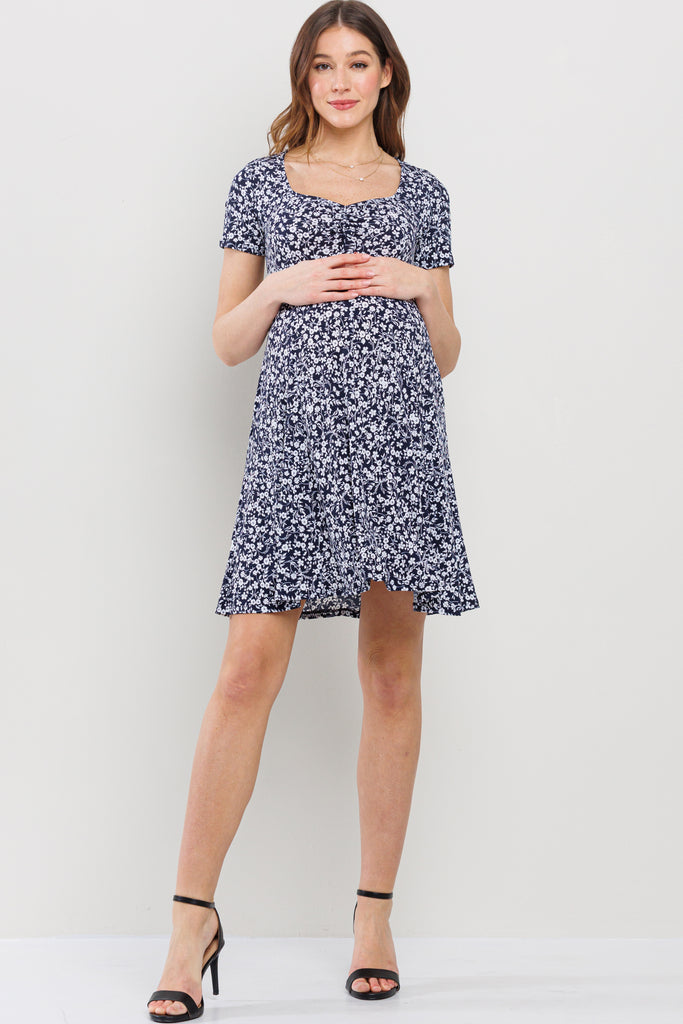 Navy Short Sleeve Sweetheart Neckline Mini Maternity Dress