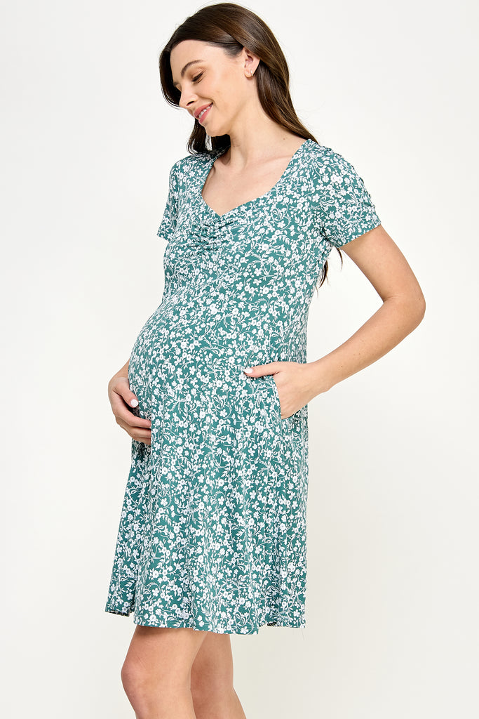 Sage Short Sleeve Sweetheart Neckline Mini Maternity Dress