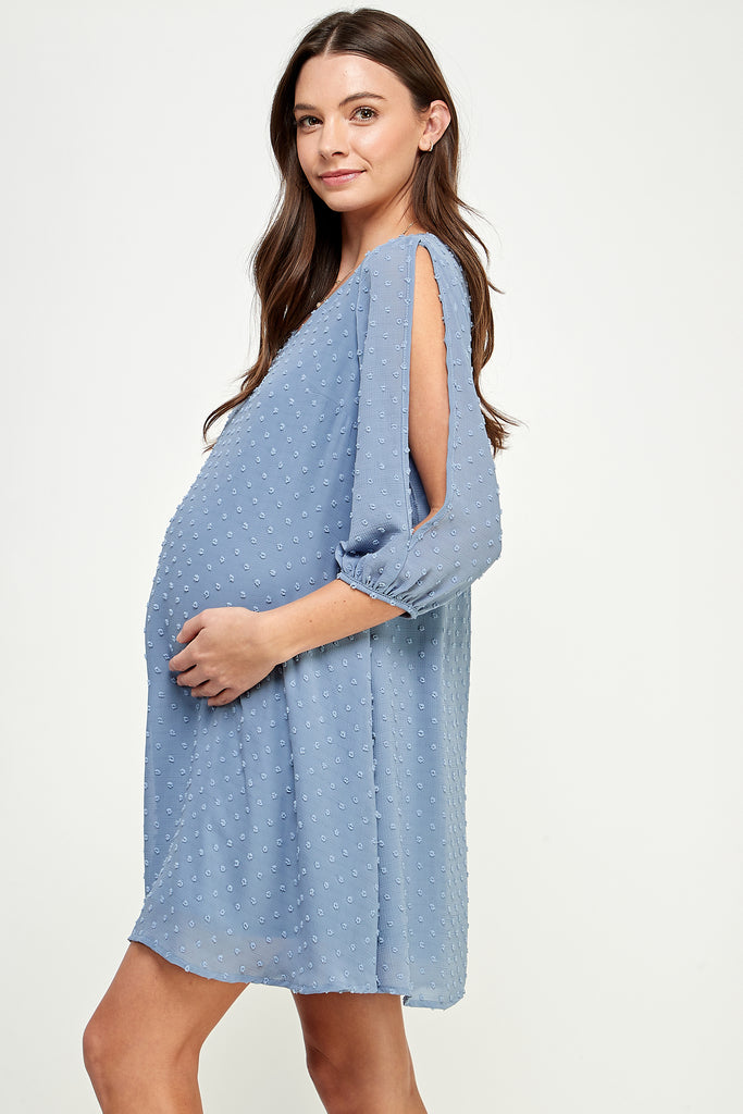 Chambray Cold Shoulder Swiss Dot Maternity Tunic Dress