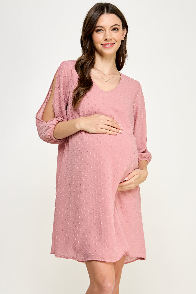 Mauve Cold Shoulder Swiss Dot Maternity Tunic Dress