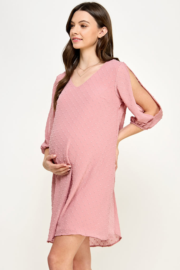 Mauve Cold Shoulder Swiss Dot Maternity Tunic Dress