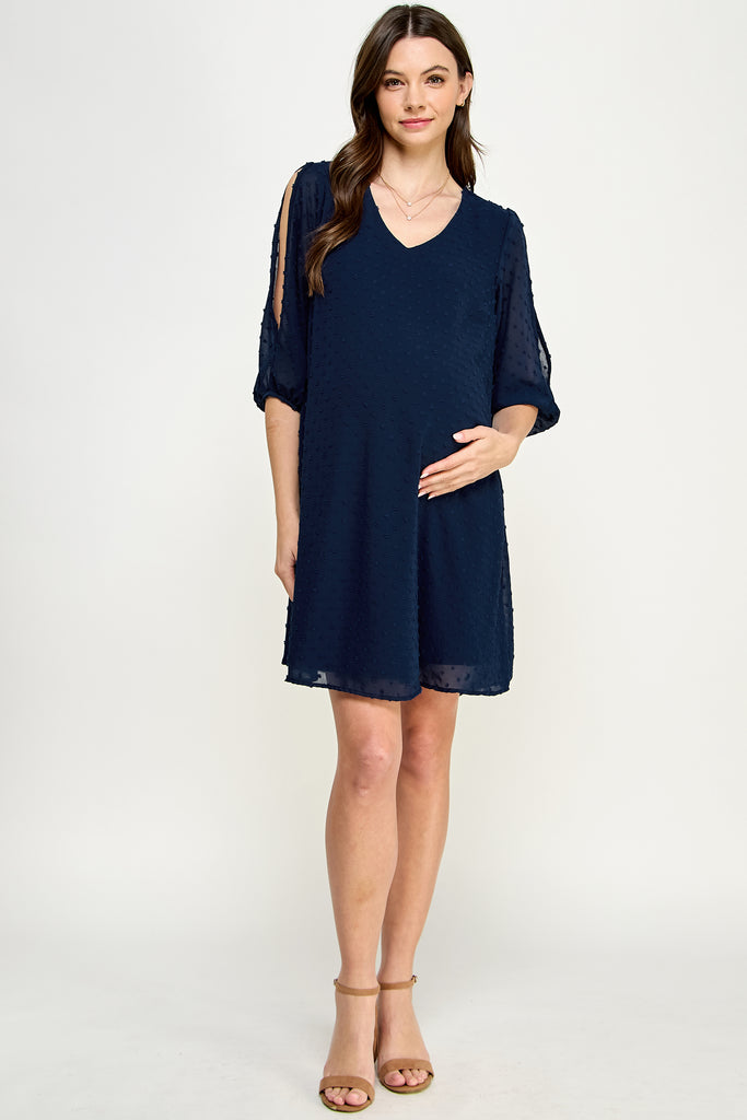 Navy Cold Shoulder Swiss Dot Maternity Tunic Dress