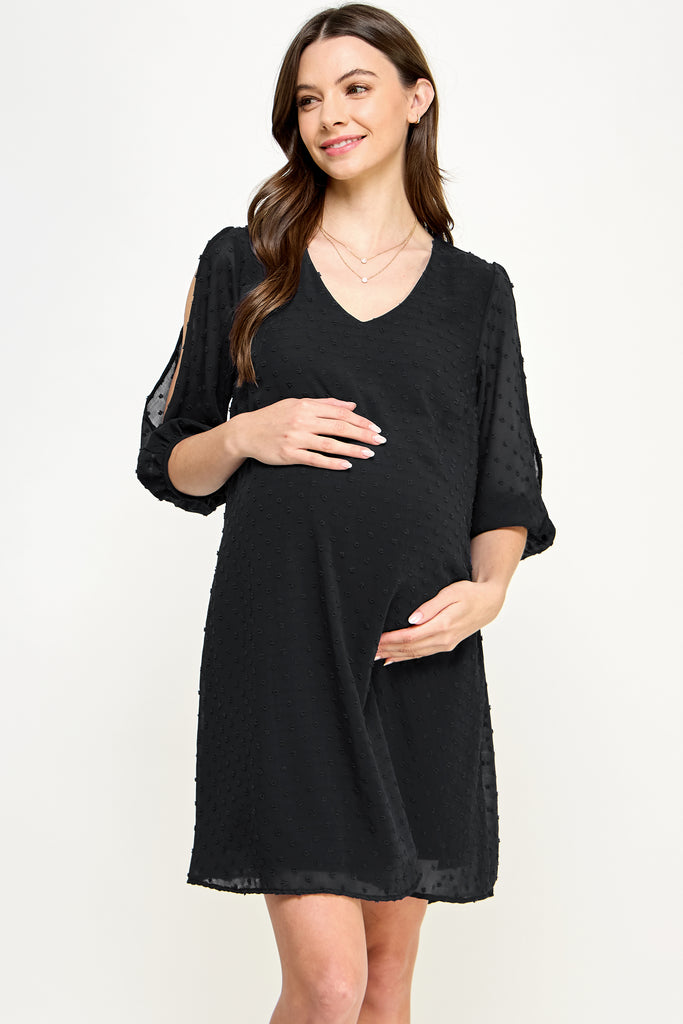 Black Cold Shoulder Swiss Dot Maternity Tunic Dress
