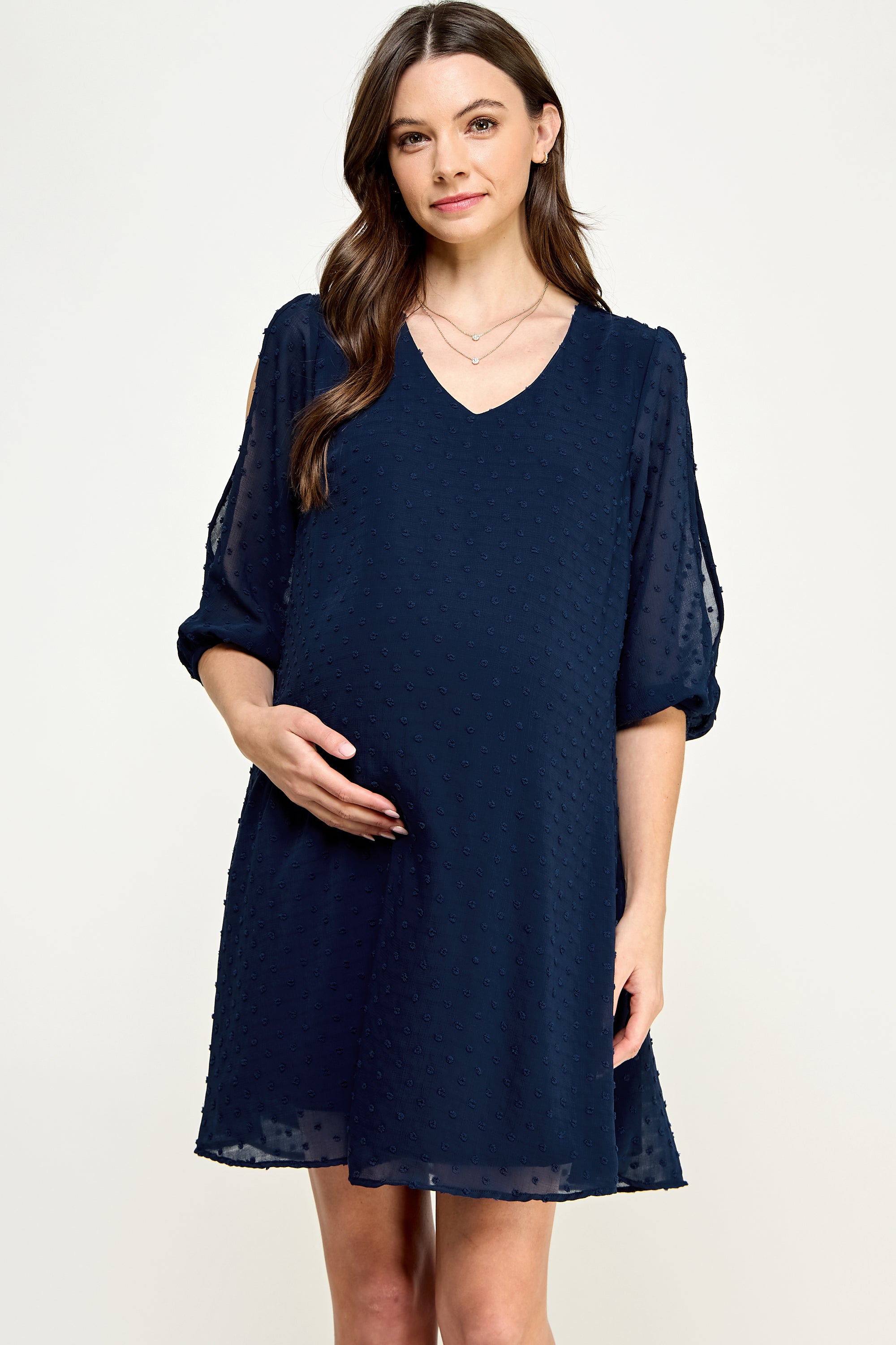 Cold Shoulder Swiss Dot Maternity Tunic Dress NAVY / LARGE Cold Shoulder Swiss Dot Maternity Tunic Dress NAVY / LARGE