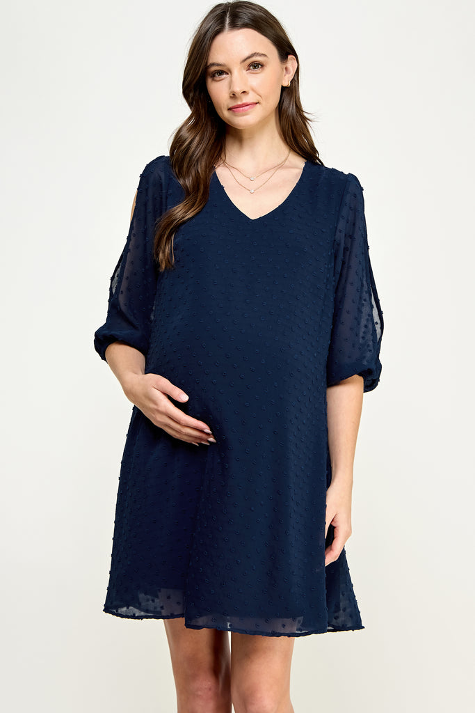 Navy Cold Shoulder Swiss Dot Maternity Tunic Dress