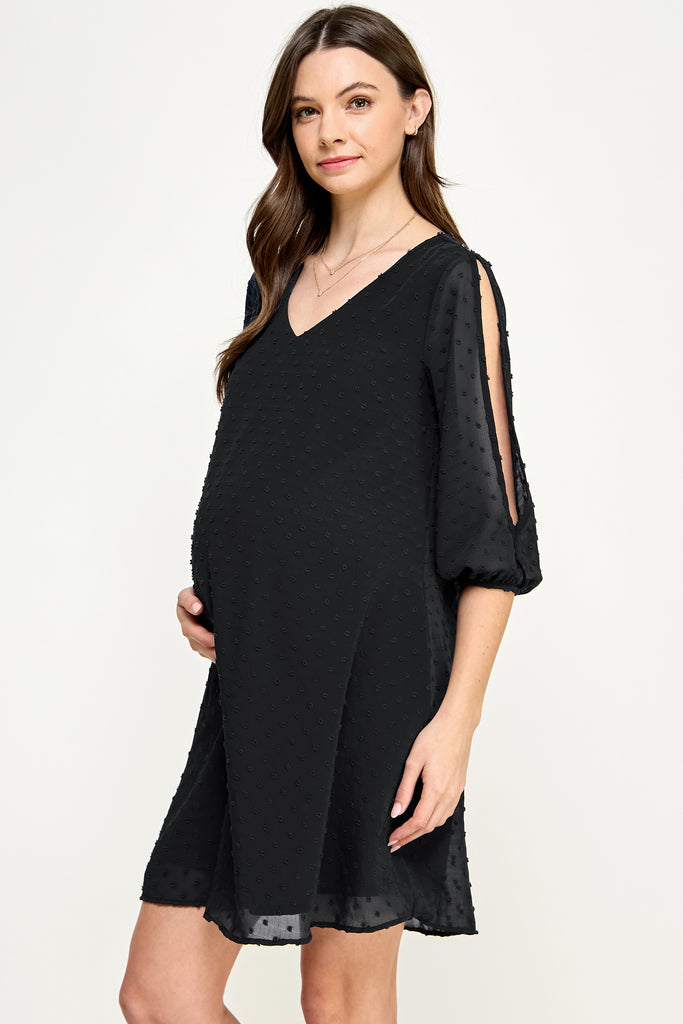 Black Cold Shoulder Swiss Dot Maternity Tunic Dress