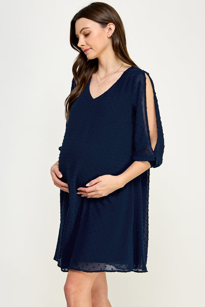 Navy Cold Shoulder Swiss Dot Maternity Tunic Dress