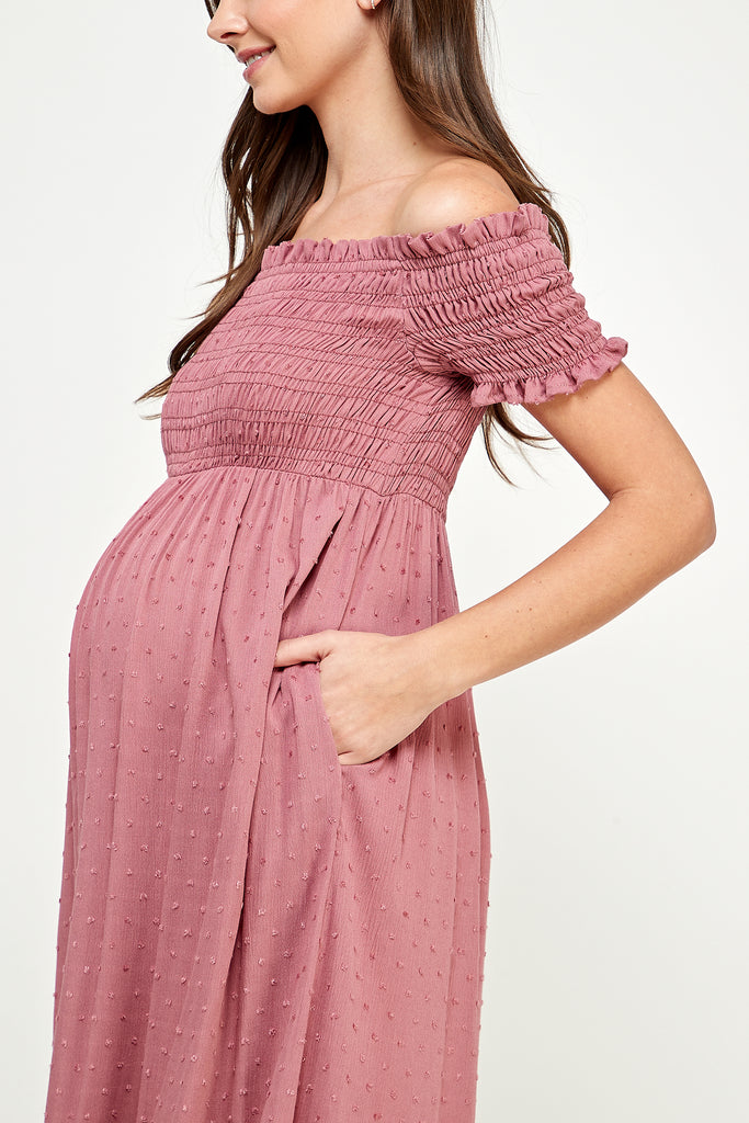 Mauve Smocked Off Shoulder Maternity Midi Dress